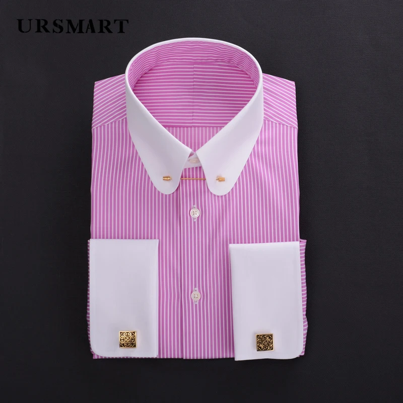 Pinhole collar empire collar patchwork collar French cuffs men\'s shirt manager business 100% cotton stripe custom shirt for men