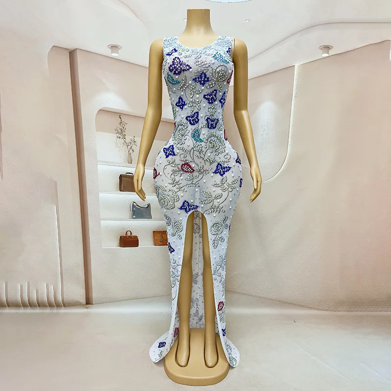 

Costume White Diamond High Split Butterfly Embroidery Elegant Atmosphere Evening Bar Nightclub Dancing Wedding Guest Dress Woman