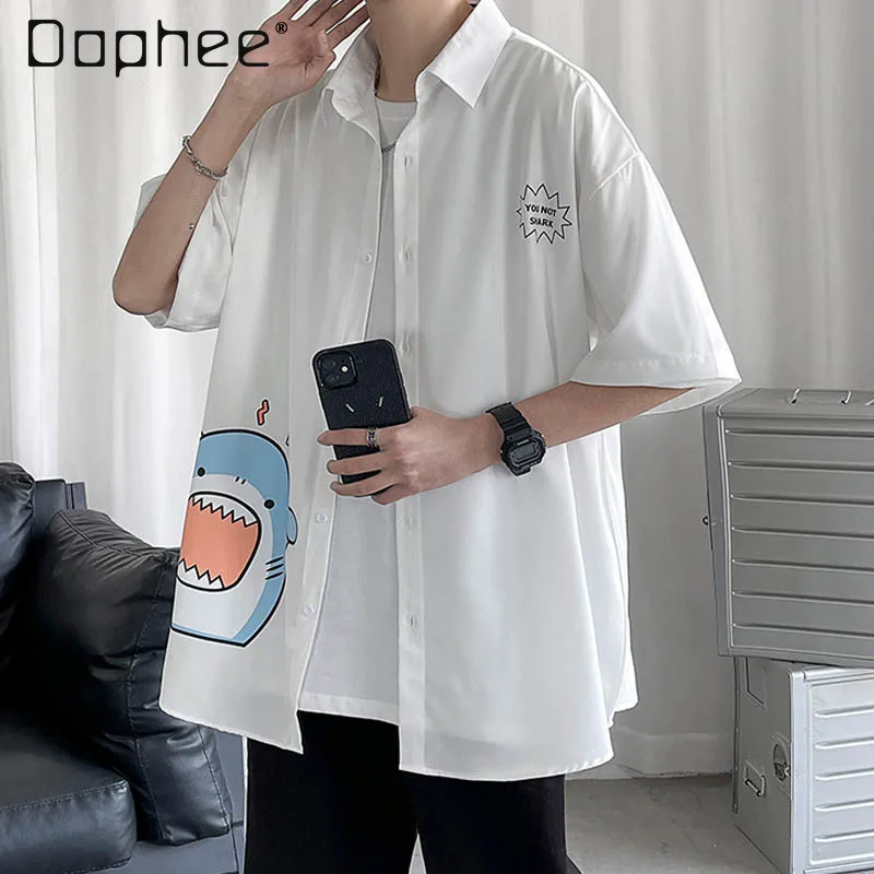 

2025 Summer Men's Cartoon Print White Thin Short Sleeve Shirt Japanese Style Loose Casual Black Blue Plus Size Half Sleeve Shirt