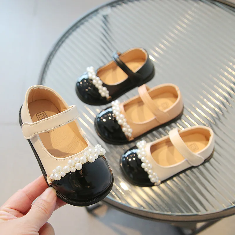 Children Mary Janes Elegant Girl's Leather Shoes Black White Spring Autumn Fashion Pearl Toddler Kids Princes Shoes CSH1541