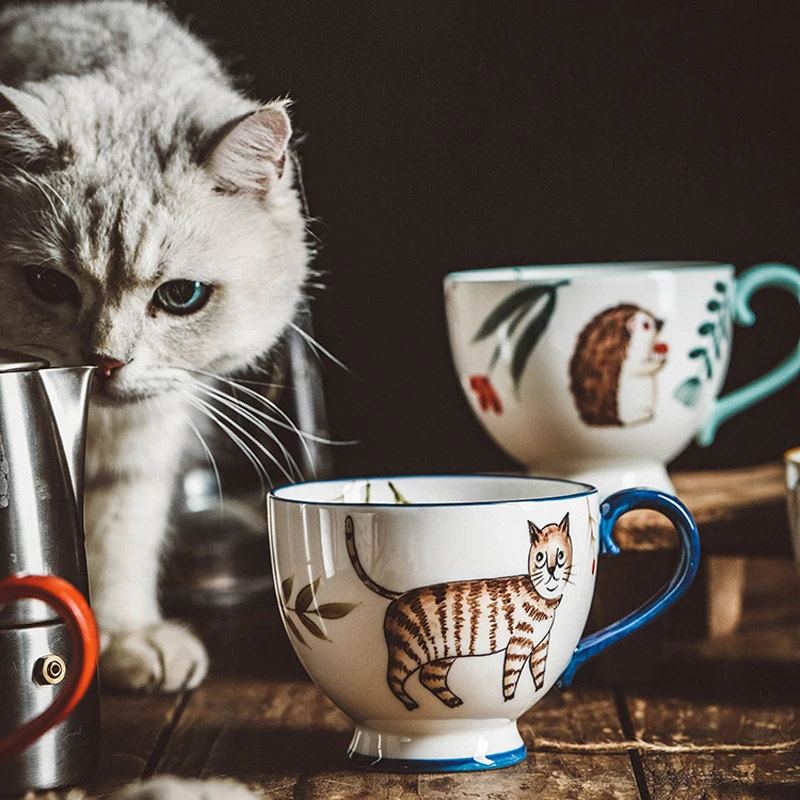 Hand Painted Porcelain Cat Fox Bird Hedgehog Deer Mugs Microwave Safe Vintage Kitchen Drinkware Cute Coffee Milk Oatmeal Tea Cup