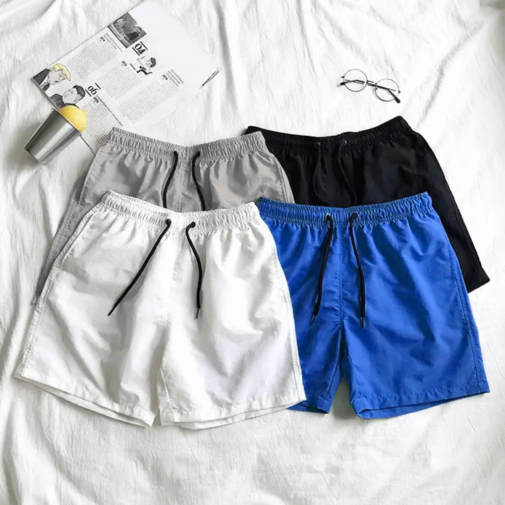 Summer Breathable Men Sports Shorts Elastic Drawstring Solid Color Pockets Soft Workout Gym Training Beach Short Pants Sweatpant