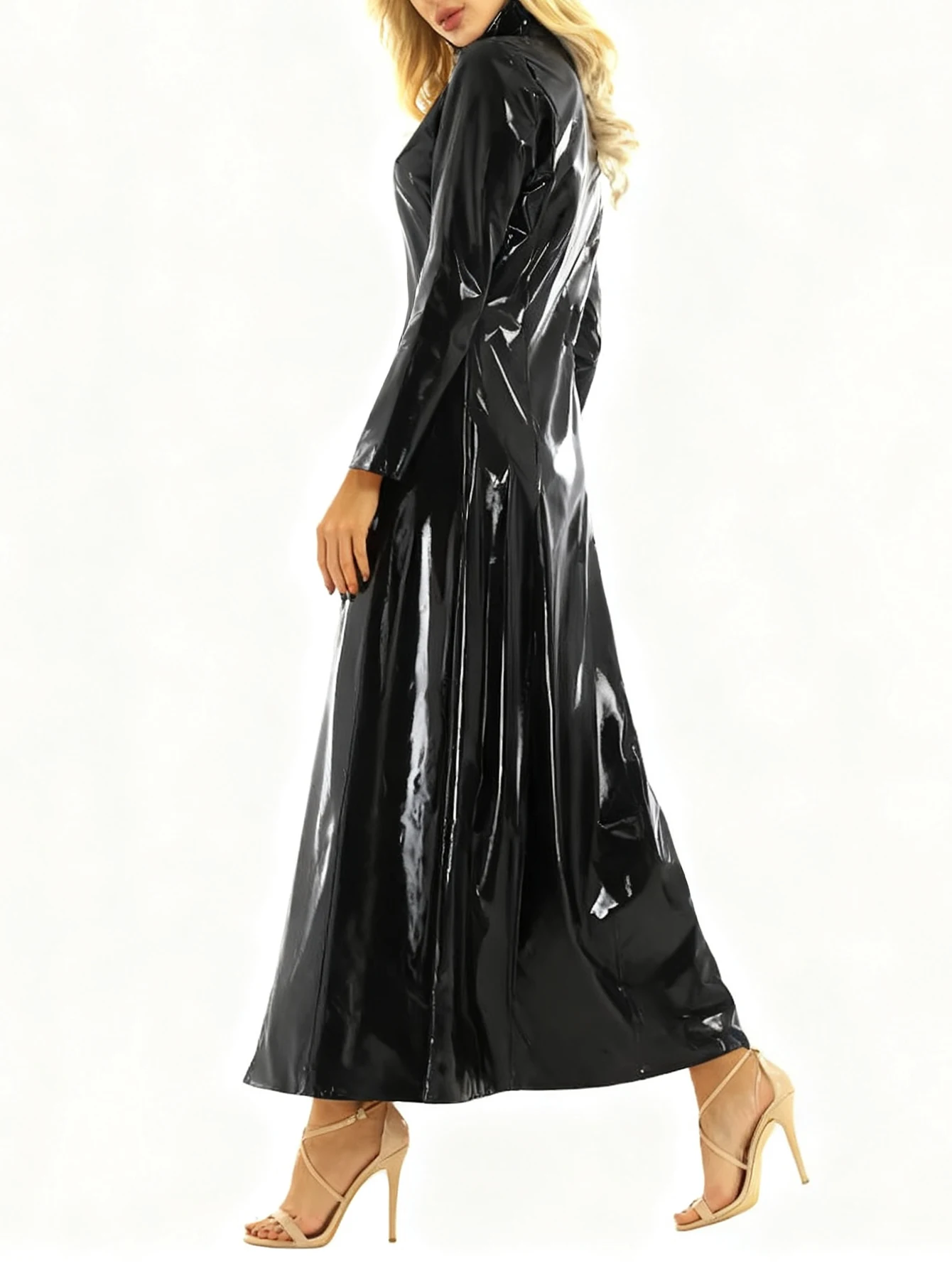 Sexy Glossy Wet Look Women's PU Leather Long Trench Coat High Neck Zip Front Clubwear Party Streetwear Faux Leather Overcoat New