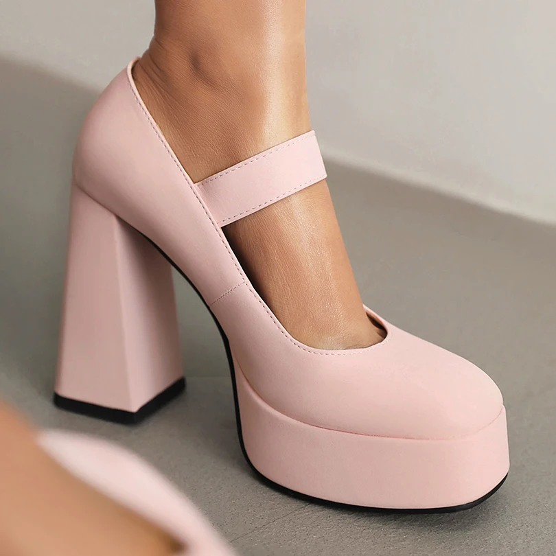 

Round Toe Shallow Square Buckle Platform Ultra-High Thick Heel Breathable And Simple Style Summer High Heels Pumps