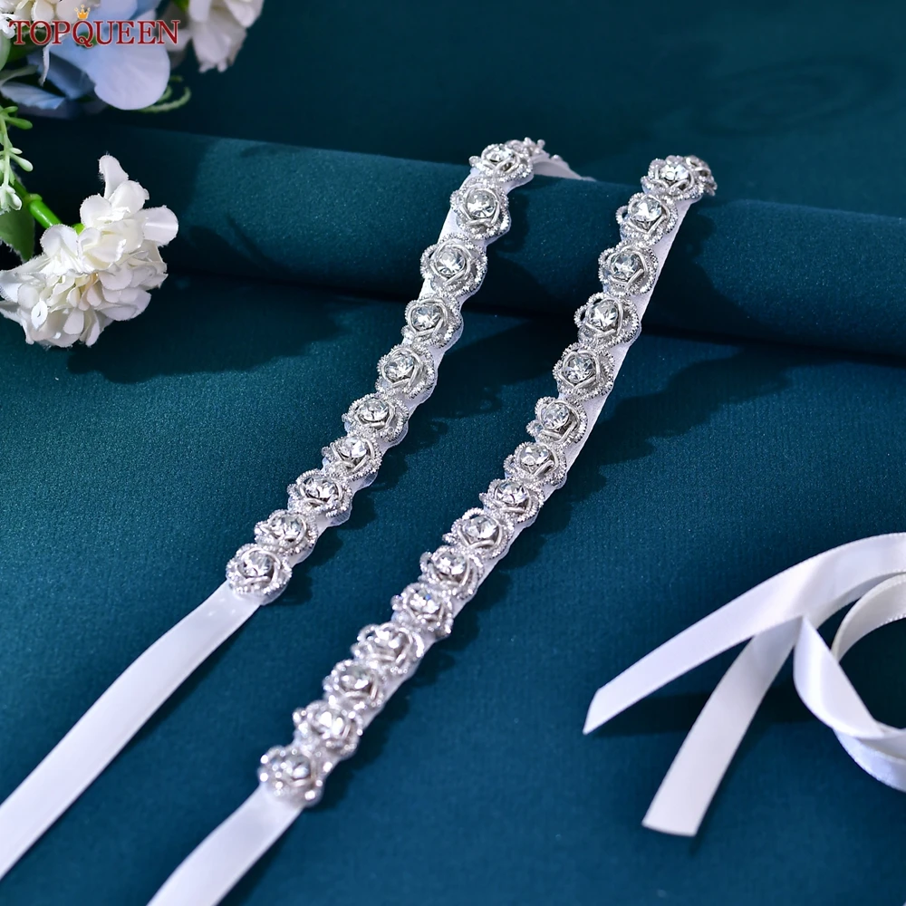 

TOPQUEEN New Designed Evening Dress Belt Bride Thin Belt Silver Rhinestone Flower Long Applique Bridesmaid Waist Seal Gift S143