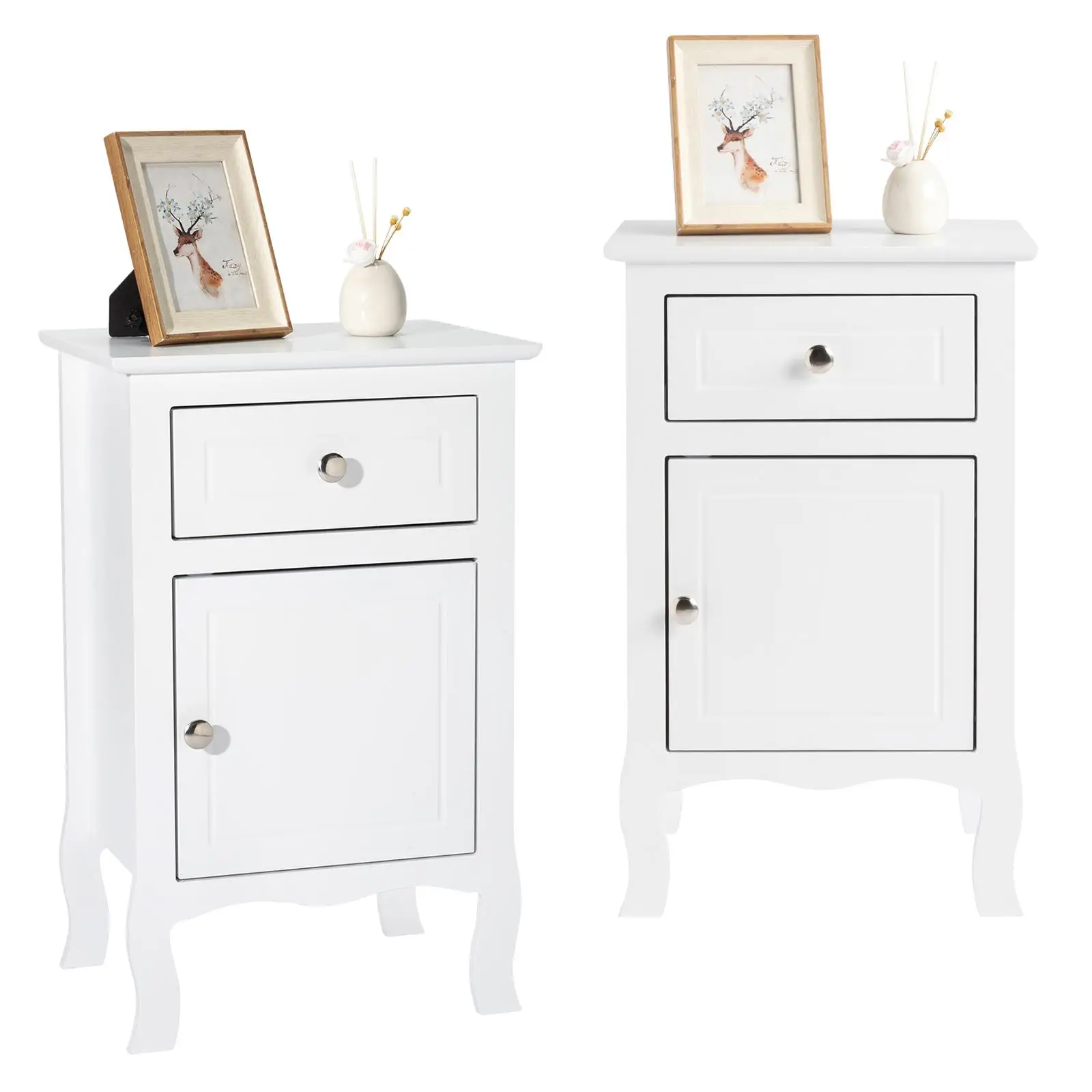 2pcs White Country Style Night Table with Drawer & Door, 40x30x63cm Curved Feet - Elegant Home Decor