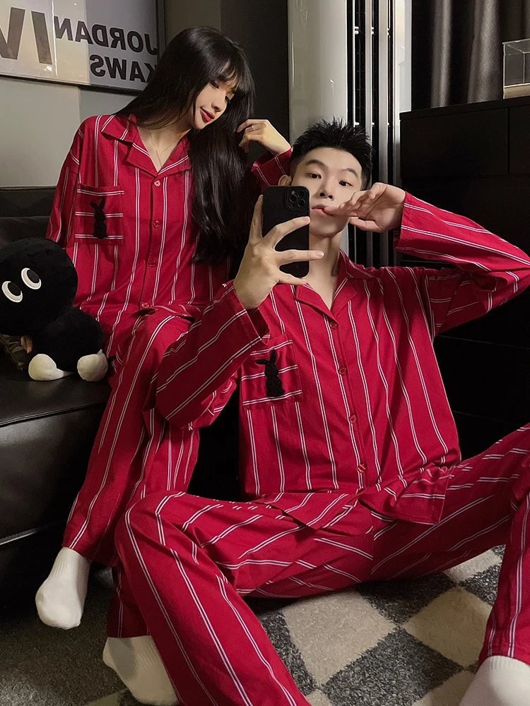 

DAIMELU couple pajamas women's spring and autumn cotton long-sleeved sleepwear set red stripes festive men's loungewear suit