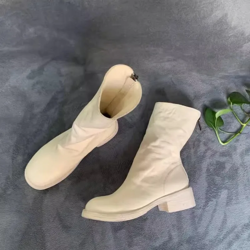 Handcrafted Vintage Men Ankle Boots Back-Zip Wrinkled Horsehide Outdoor Riding Boots Hiking Work Shoes Women Motorcycle Boots