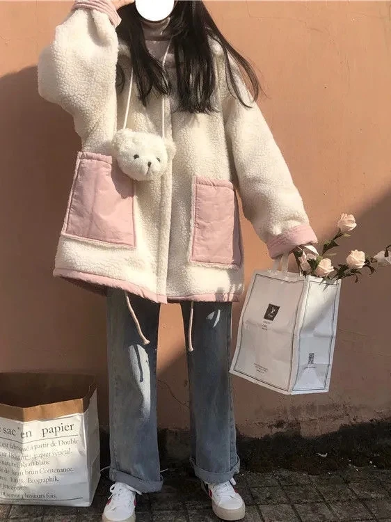 

Winter Thiened Lamb Fur Jaet Double-Sided Wear Loose Collar Women's Cotton Coat Korean Sle Student Faion College Wind