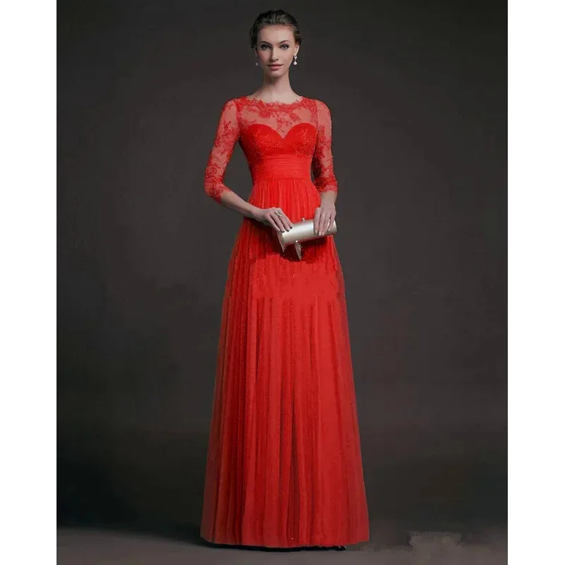 우아한 긴 파티 드레스 2023 유럽 및 미국 가을 여성용 레드 긴팔 레이스 시스루 A라인 손목 비딩 파티 드레스
