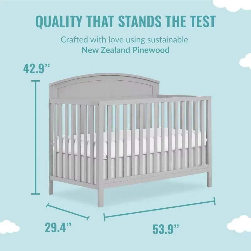 5 in 1 Convertible Crib in Pebble Grey, JPMA & Greenguard Gold Certified, Built of Sustainable Pinewood