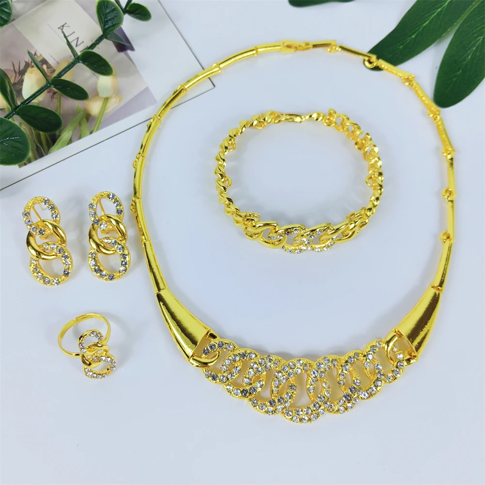 ESALE Newest Dubai Fashion Jewelry Set 24k Gold Plated Ladies Necklace Bracelet Earrings Women Jewelry African Wedding Party