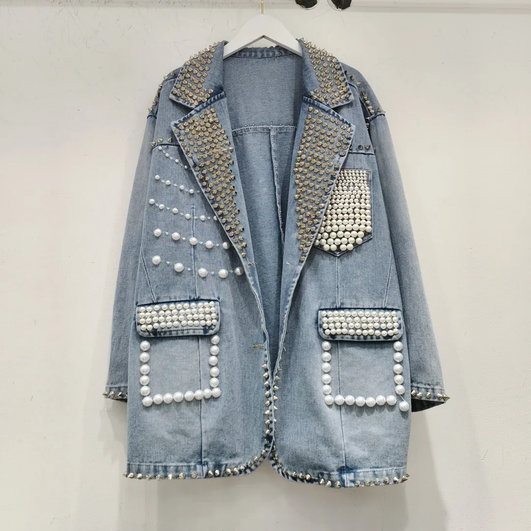 Boutique Wholesale 2024 Autumn New Diamond Inlaid Loose Fitting Suit Collar Korean Version Versatile Denim Women's Jacket