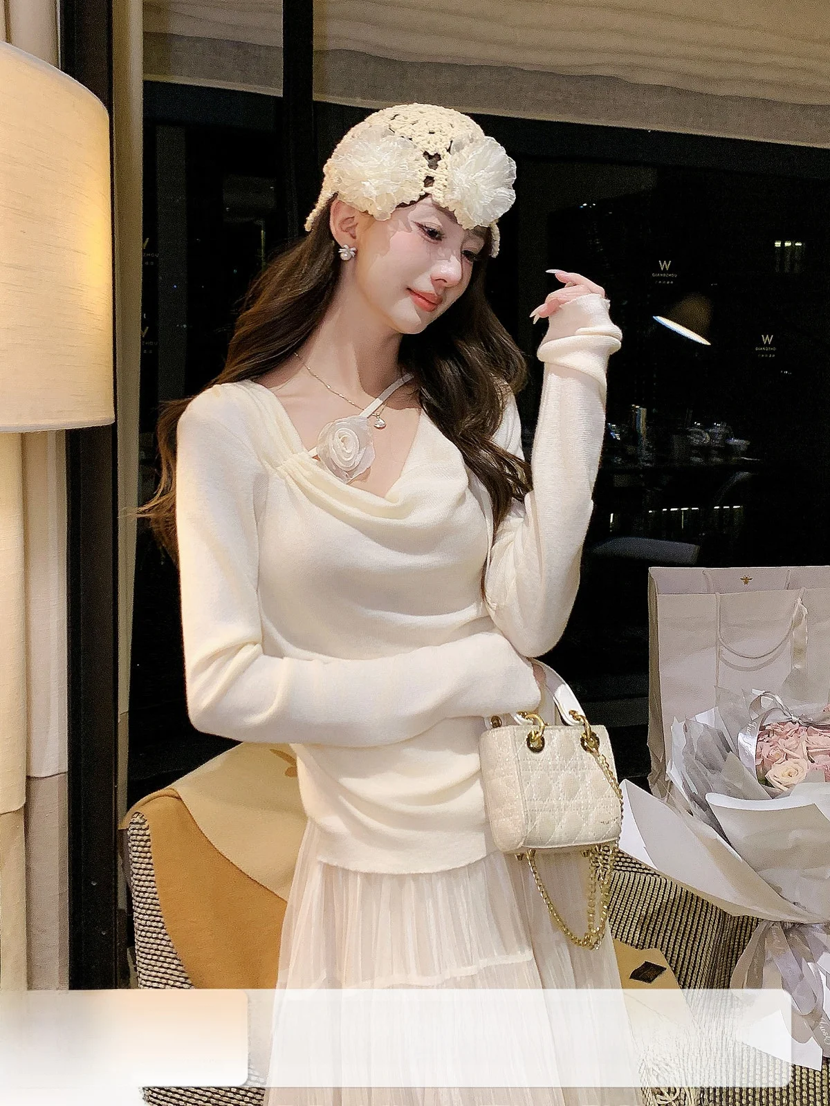 

French Sle Knitted Sweater Women's Early Spring New Gentle Top Floral Pattern Rope Bule Neline 3D Knitting Soft Long Sl...