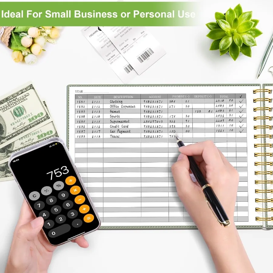 ハードカバー会計帳簿 小規模ビジネス会計用 横型お金支出トラッカーノートブック 収納ポーチ2個付き