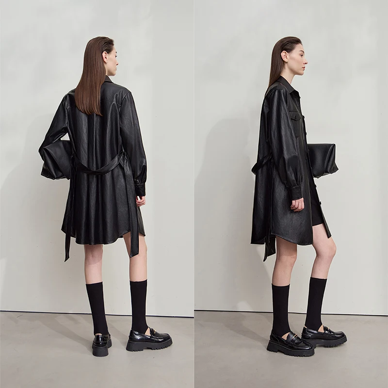 Amii レディースレザージャケット 2025年秋新作 レトロモダン レディース服 ベルト付き ルーズ ロングスリーブ レザージャケット レディース 12553042