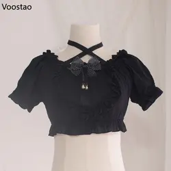 Japanese Gothic Y2k Lolita Black Blouse Women Vintage Kawaii Bow Ruffles Puff Sleeve Cotton Shirt Girls Harajuku Sweet Crop Tops