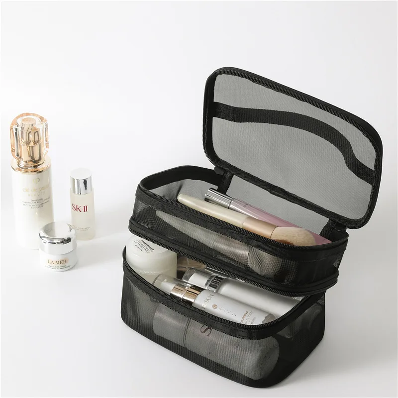 2025 nueva bolsa de cosméticos de malla de nailon de una y doble capa bolsa de aseo de malla portátil de gran capacidad bolsa de almacenamiento de cosméticos