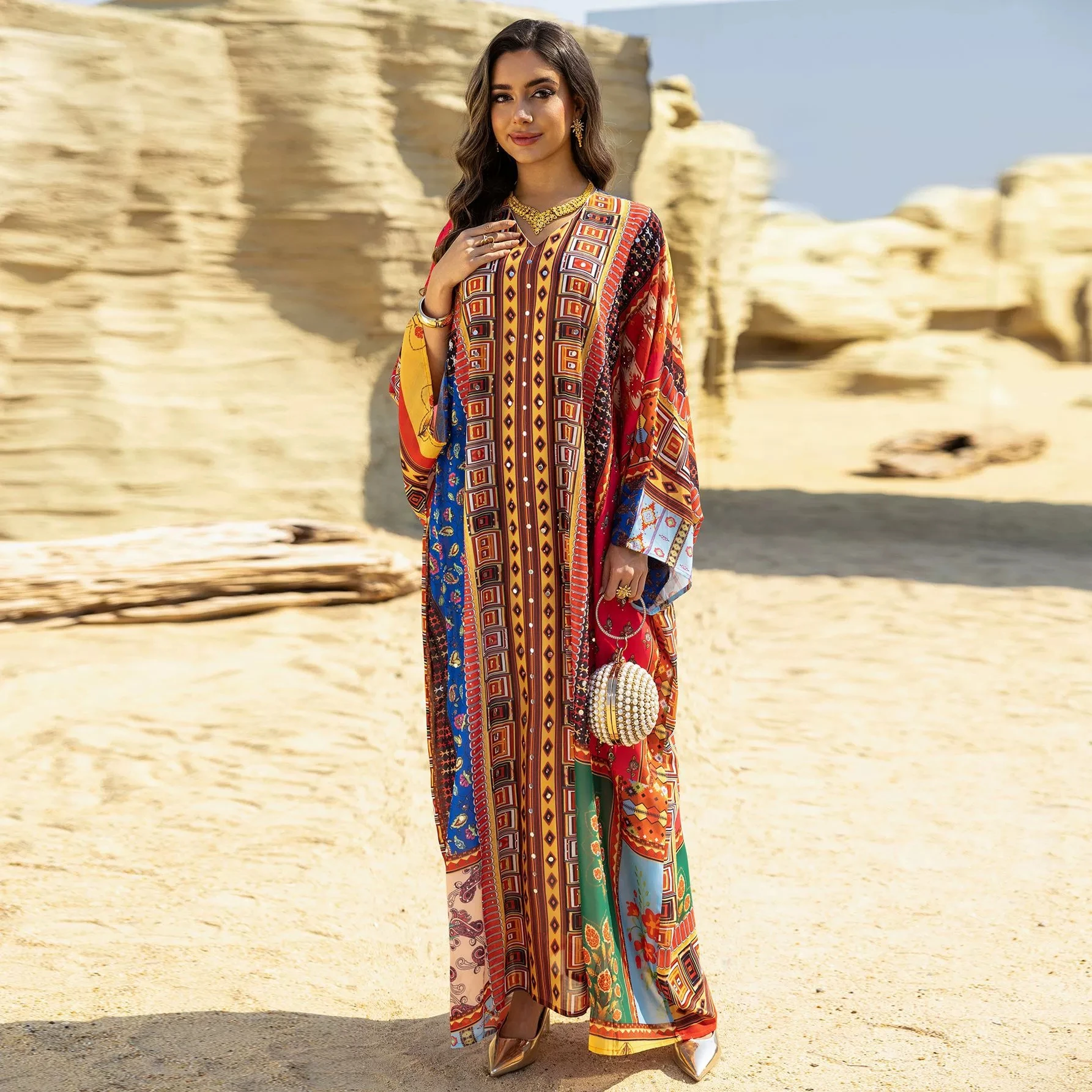 Middle East Dubai Muslim Saudi Arabian Robe Spring/Summer New Printed Hot Diamond Robe Loose Luxury Fashion Jalabiya Dress