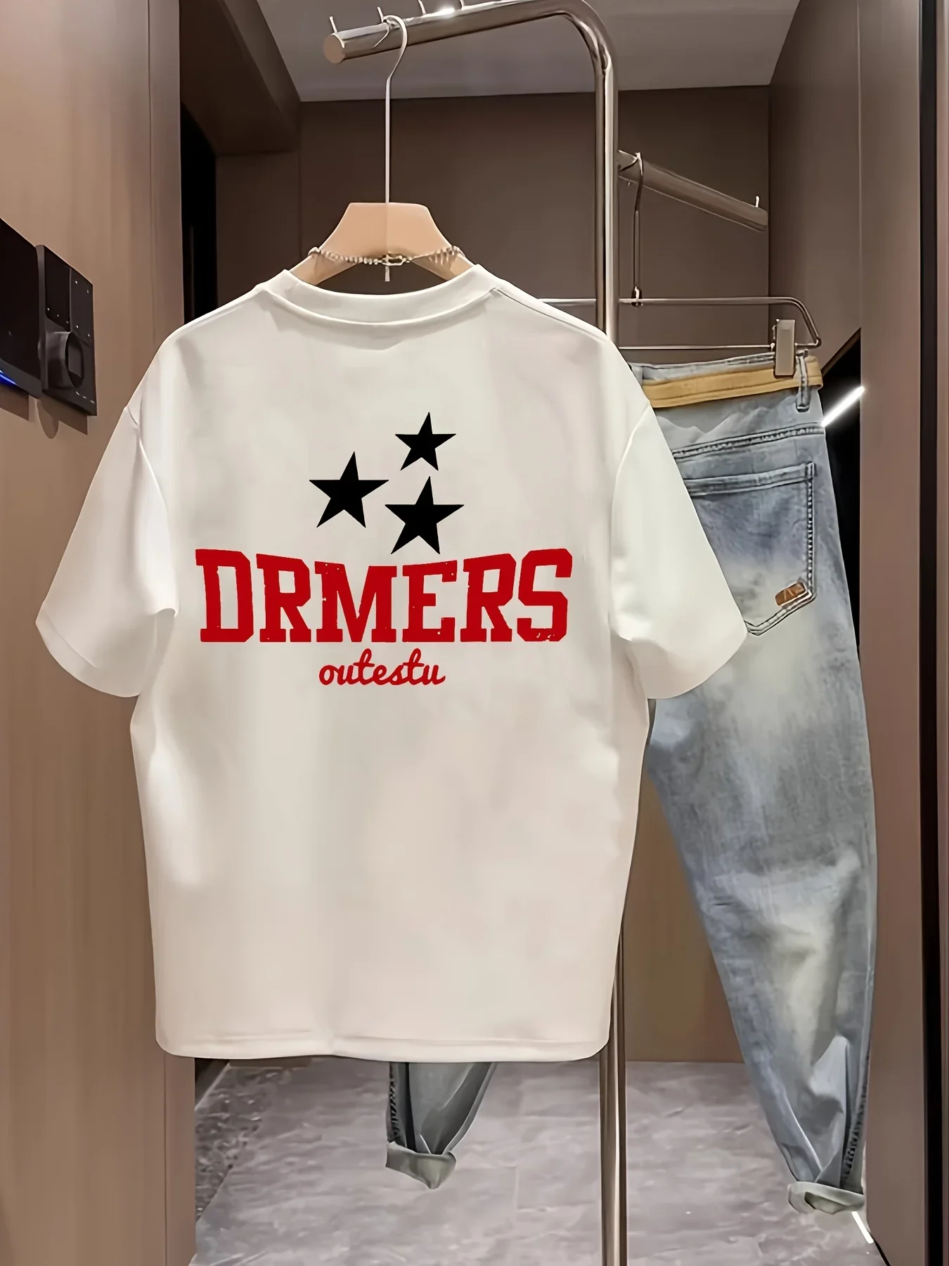 100% Cotton Men's T-ShirtBlack with Three Stars and Red Distressed DRMERS Bold Lettering Print Hip Hop Short-Sleeve T-Shirt