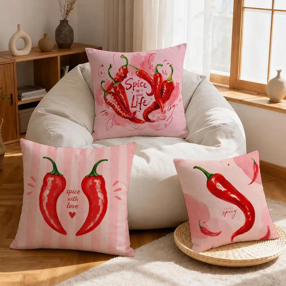 Spicy Vibrant Chili Pepper Illustration Cushion Cover Linen Anti-Mite Antibacterial Cushion Cover Invisible Zipper Sofa Decor
