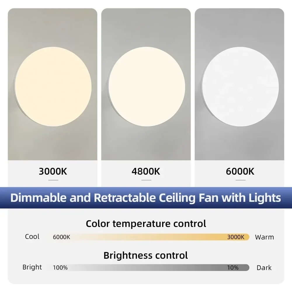 JOYINLED Ceiling Fan with Lighting and Remote Control, Hidden Retractable Blades, Quiet Fan Light, 3 Speeds and Dimmable,White