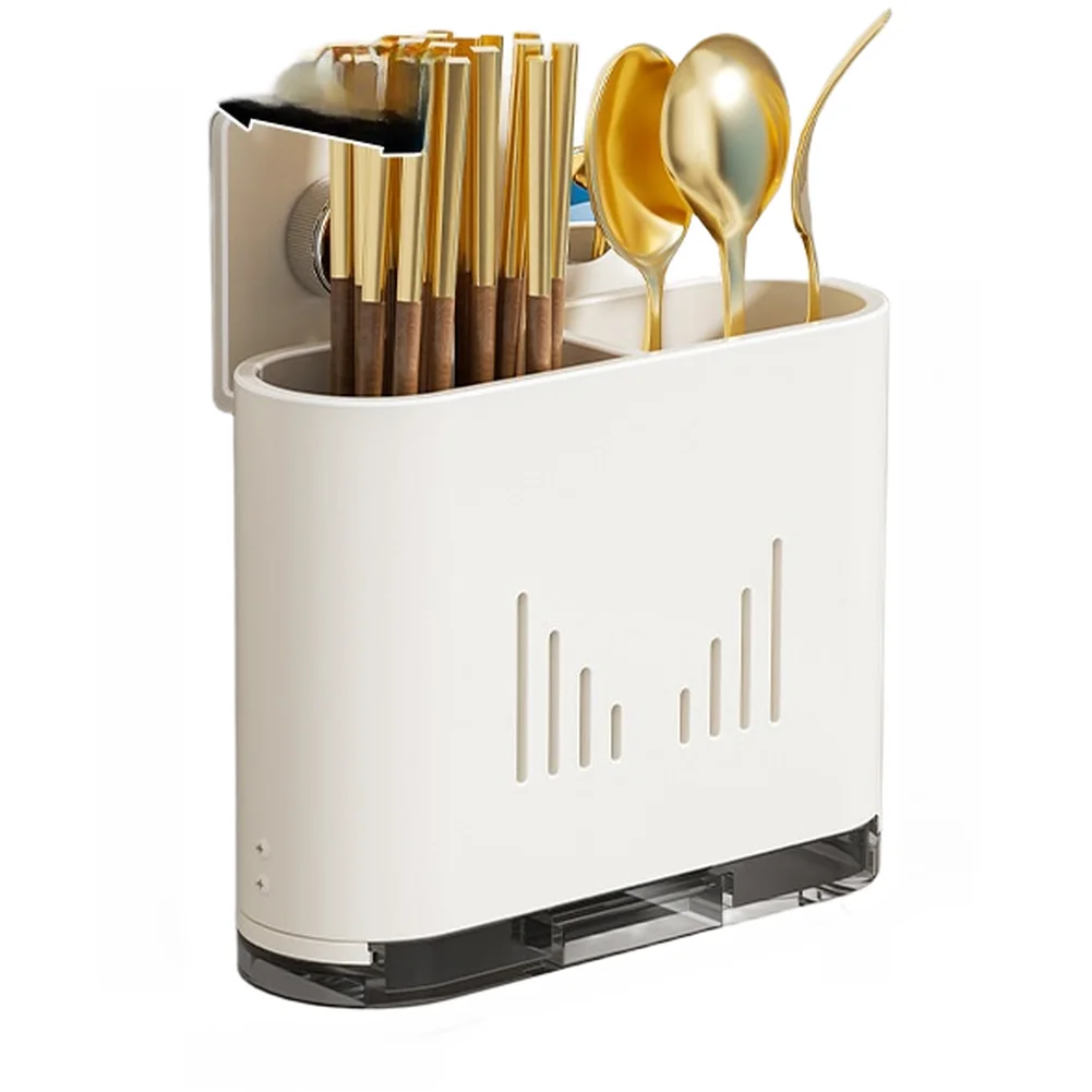 Wall Mounted Utensil Holder with Drain Tray for Spoons Chopsticks and Cooking Tools in Home Kitchens Using Mounting