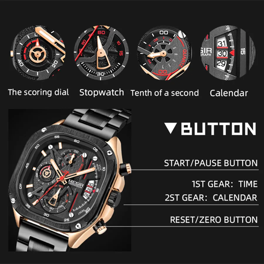 MEGIR Luxury Stainless Steel Men\'s Watches Fashion Brand Business Quartz Wristwatch Date Luminous Chronograph Casual Clock 2217