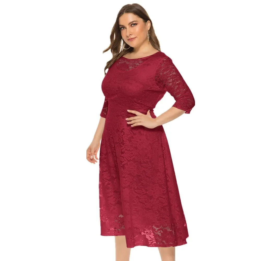 Plus Size Women's Dresses Autumn New Arrivals Lace Round Neck Three-quarter Sleeve Dress Fashion Casual Commuter Plus Size Dress