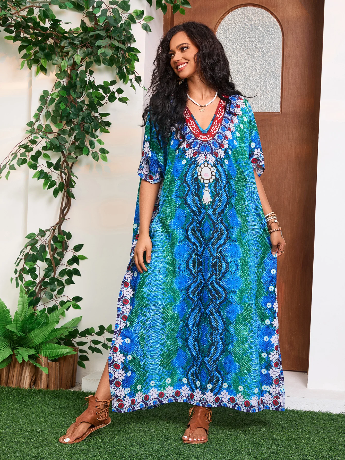 

Boho Geometric Pattern V Neck Side Slit Sundress Women Summer Beach Holiday Bikini Cover Robe