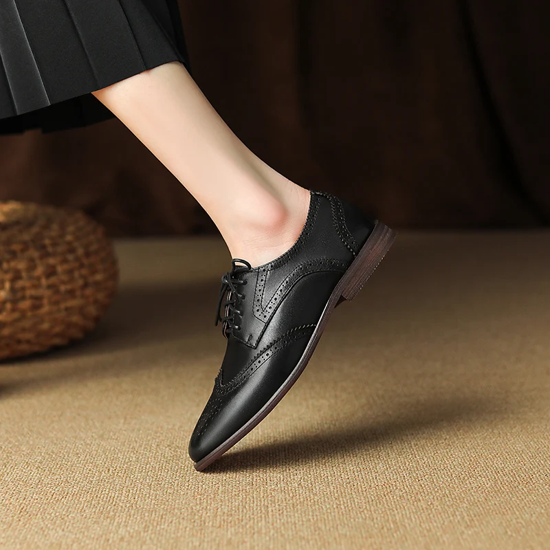 Women Oxford Low Heel 2023 Spring Shoes for Woman Genuine Leather Brogues Vintage Lace Up Loafers Casual Black Brown Girls Shoes