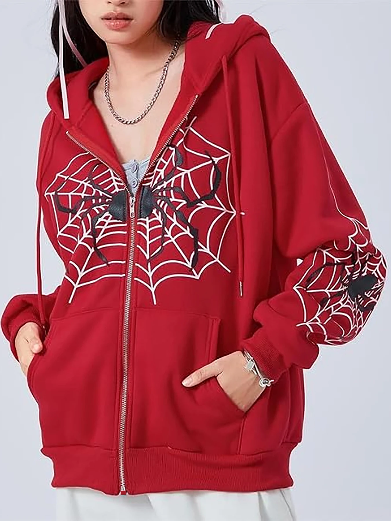 Y2K sweet and cool style autumn and winter women's hooded sweatshirt, spider pattern print, drop-shoulder long-sleeve zip-up hoodie, loose-fitting, slimming, simple and stylish design, suitable for daily commuting, women's clothing
