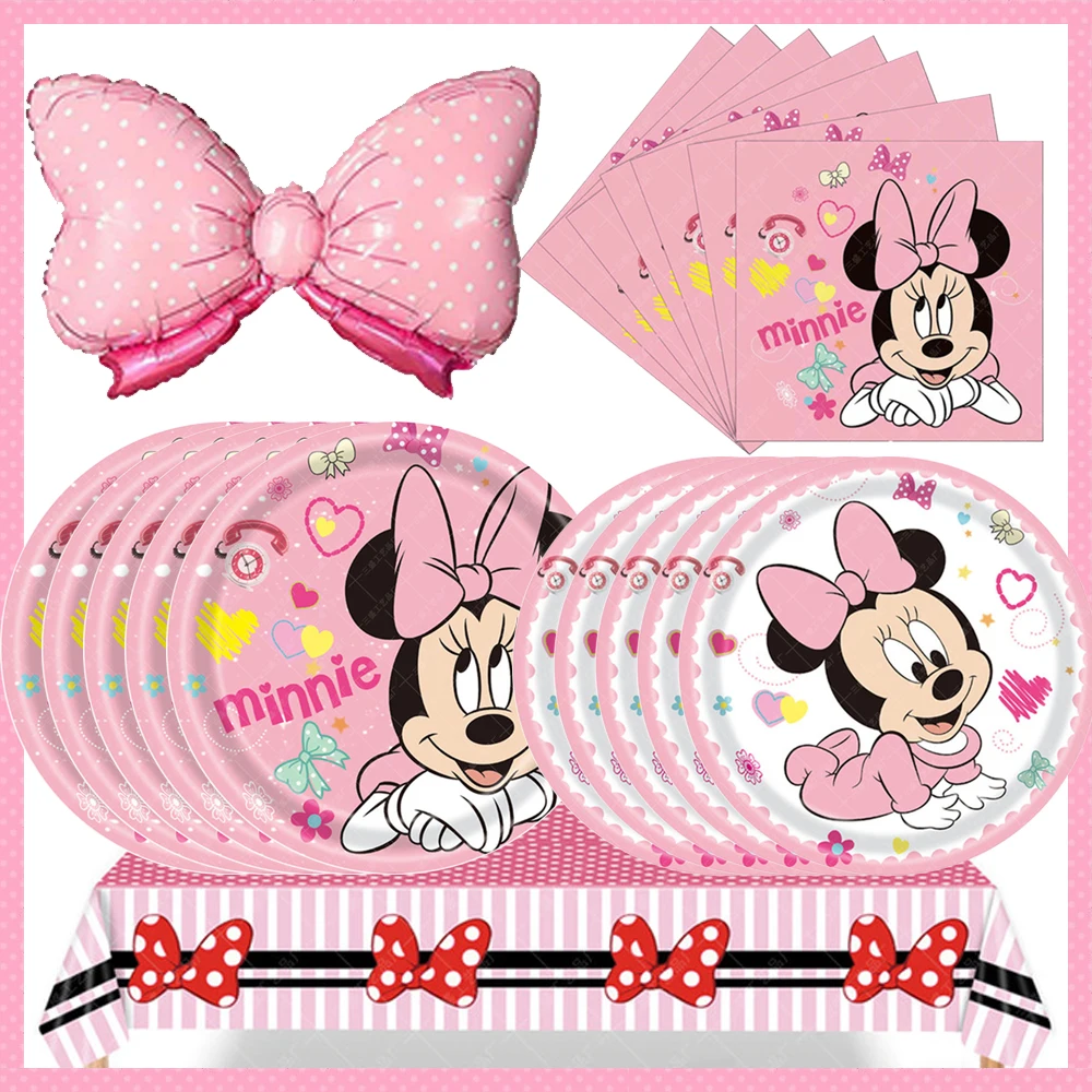 1Years Baby Minnie Mouse Party Supplies Minnie Theme Balloon Cup Plates Napkins For Kids Baby Shower Birthday Party Decoration