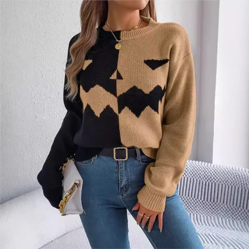 Ladies Sweaters 2024 Autumn/Winter Casual Winter Halloween Ghost Pumpkin Contrast Long Sleeve Round Neck Knit Pullover Sweater