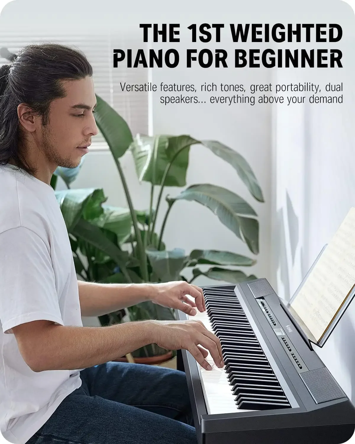 Beginner Digital Piano 88 Key Full Size Weighted Keyboard, Portable Electric Piano with Sustain Pedal, Power Suppl