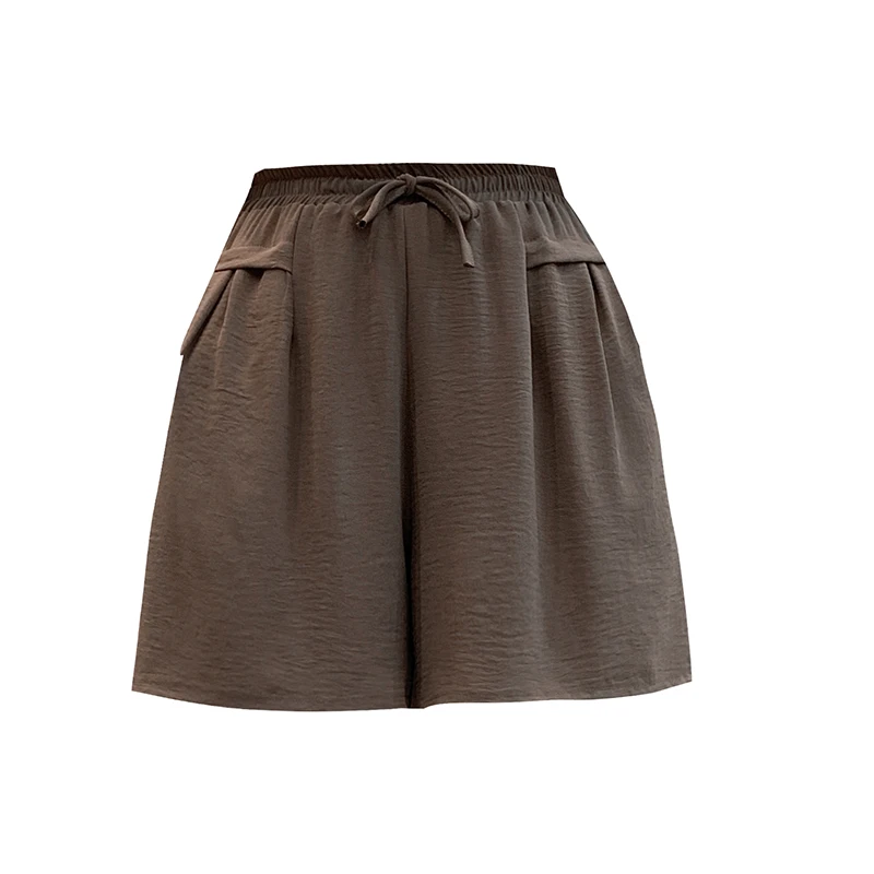 شورت نسائي من الحرير الجليدي بخصر مرتفع ، خصر مرن ، ساق واسعة ، صيف ، ثنى ، كاجوال ، فضفاض ، ناعم ، مقاس كبير