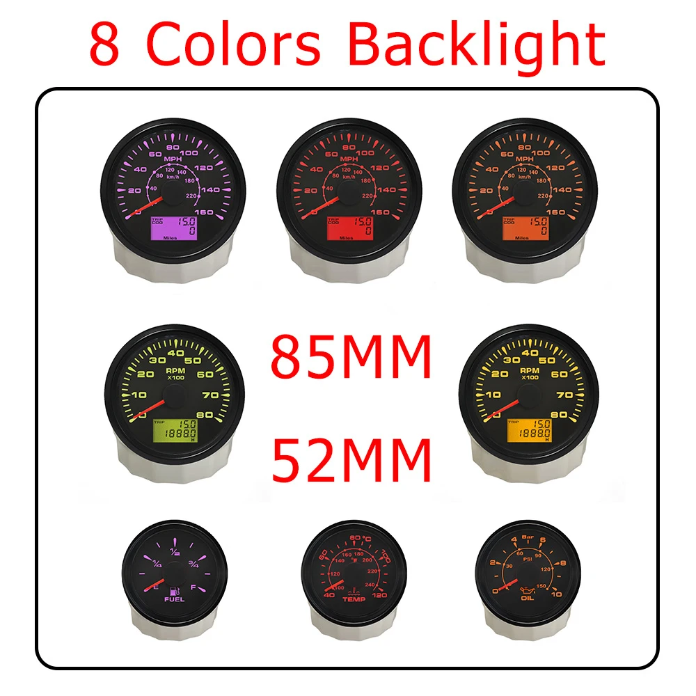 ELING 6 Gauge Set 85MM 200KM/H 160MPH GPS Speedometer Tachometer 52MM Water Temp Oil Pressure Fuel Level Meter Voltmeter
