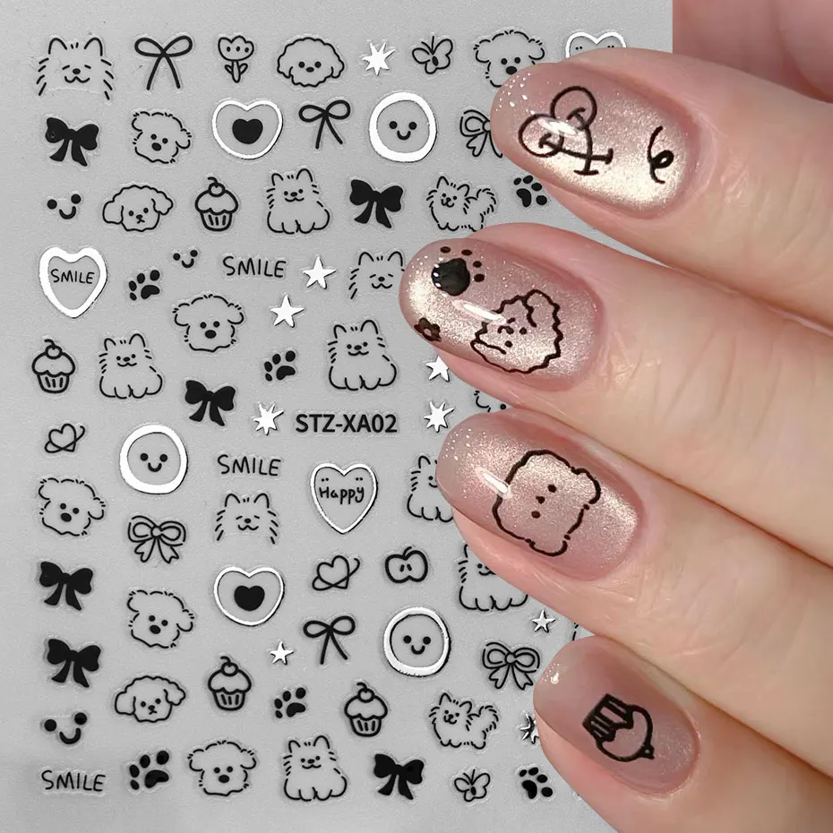 Kawaii Smile Dog Y2K Nail Stickers 3D Silver Cat Cartoon Footprint Adhesive Decals Star Heart Bowknot Nail Manicure Slider Decor