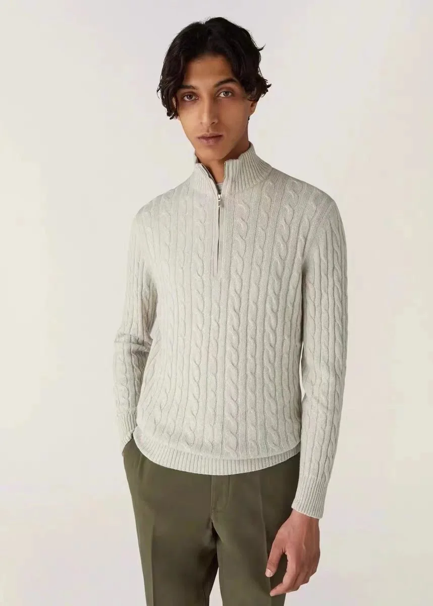 

Ele Mid-Aged Men's Wool Blend Casual Sweater f Zipper Autumn Winter Knitted Top Busin Casual Straight Fit Long Sve