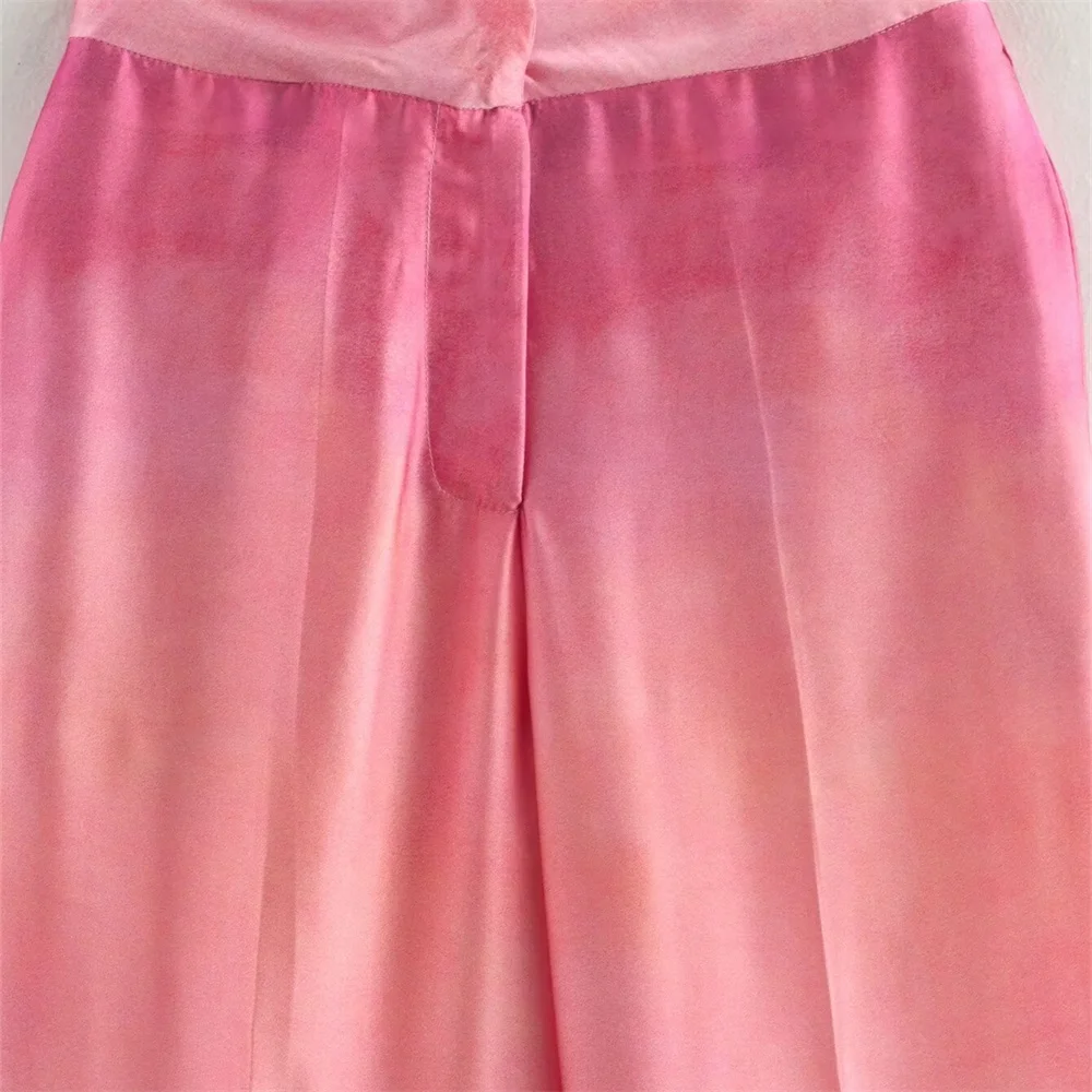 BMURHMZA Autumn New Product Women's Fashion Silk Texture Tie Dyeing Printed Shirt High Waist Wide Leg Pants Set