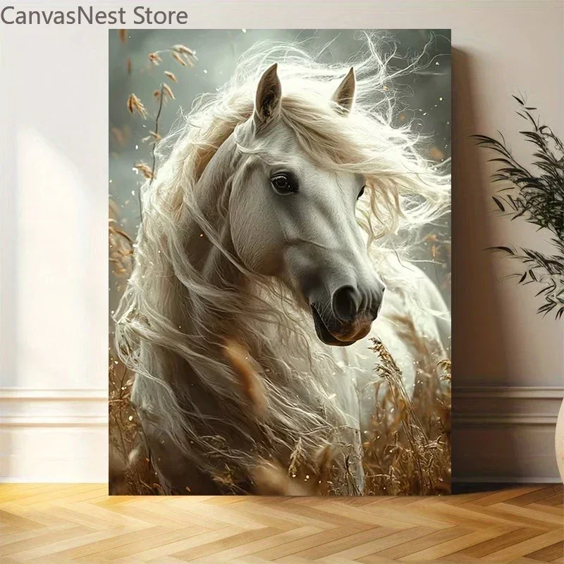 White Horse Golden Wheat Fields and Meadow Rustic Poster and Prints Canvas Painting Wall Art Pictures Home Decor Cuadros