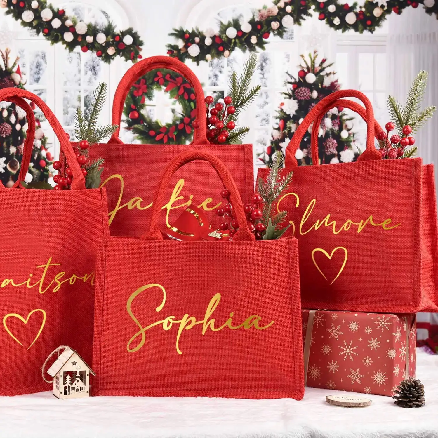 

Personalised Christmas Gift Bag, Red Christmas Party Bag, Small Christmas Jute Bag, Xmas Gift Tote Bag, Holiday Gift Bags, Chris