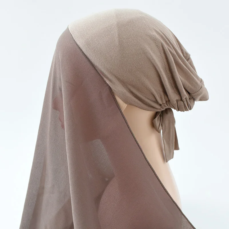 Instant Chiffon Hijab With Bandage Undercap Fashion Solid Color Chiffon Head Wraps Under Scarf Caps For Muslim