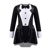 Traje de baile de Jazz latino con lentejuelas para niñas, leotardo de esmoquin con pajarita de manga larga para gimnasia, Ballet, Ropa de baile para escenario
