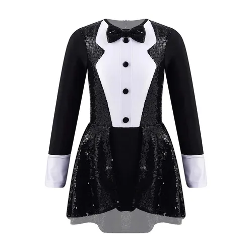 Imagen 1 del producto Traje de baile de Jazz latino con lentejuelas para niñas, leotardo de esmoquin con pajarita de manga larga para gimnasia, Ballet, Ropa de baile para escenario