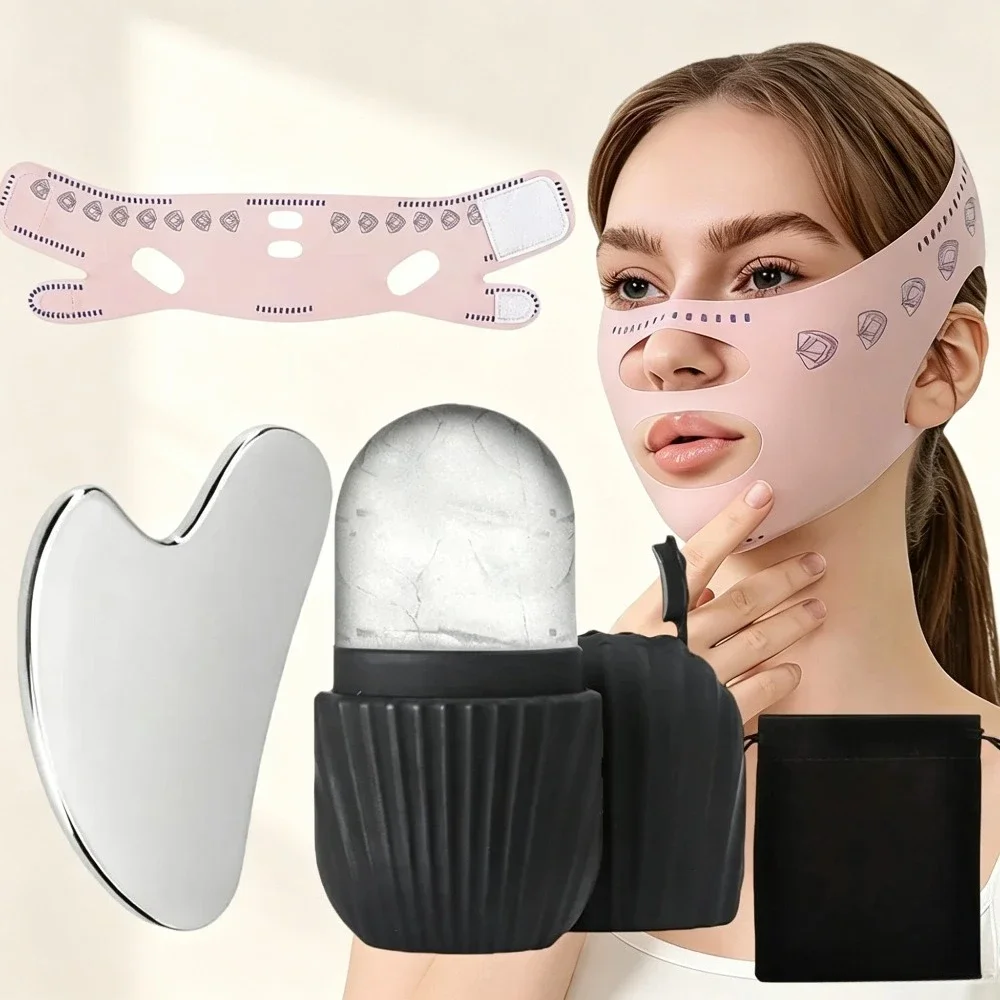 Set de 4 Piezas para el Cuidado Facial, Mascarilla Facial Reafirmante en Forma de V, Rodillo Facial de Silicona, Tabla Gua Sha de Metal, Herramienta de Belleza para Masaje Facial Antiarrugas