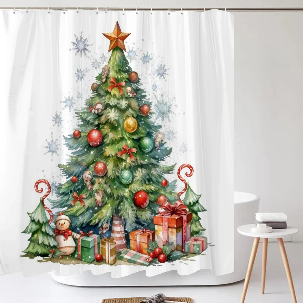 Christmas Shower Curtain Santa Claus Winter Christmas Tree Polyester Colorful Bath Curtain Home Bathroom Decor Curtain With Hook