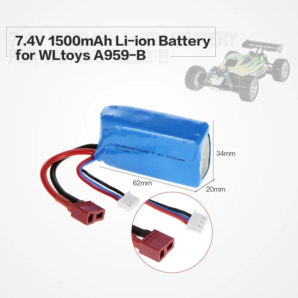 7.4V 1500mAh Rechargeable LiPo Battery with T plug for WLtoys A959-B/A969-B/A979-B 144001 144010 Remote Control car