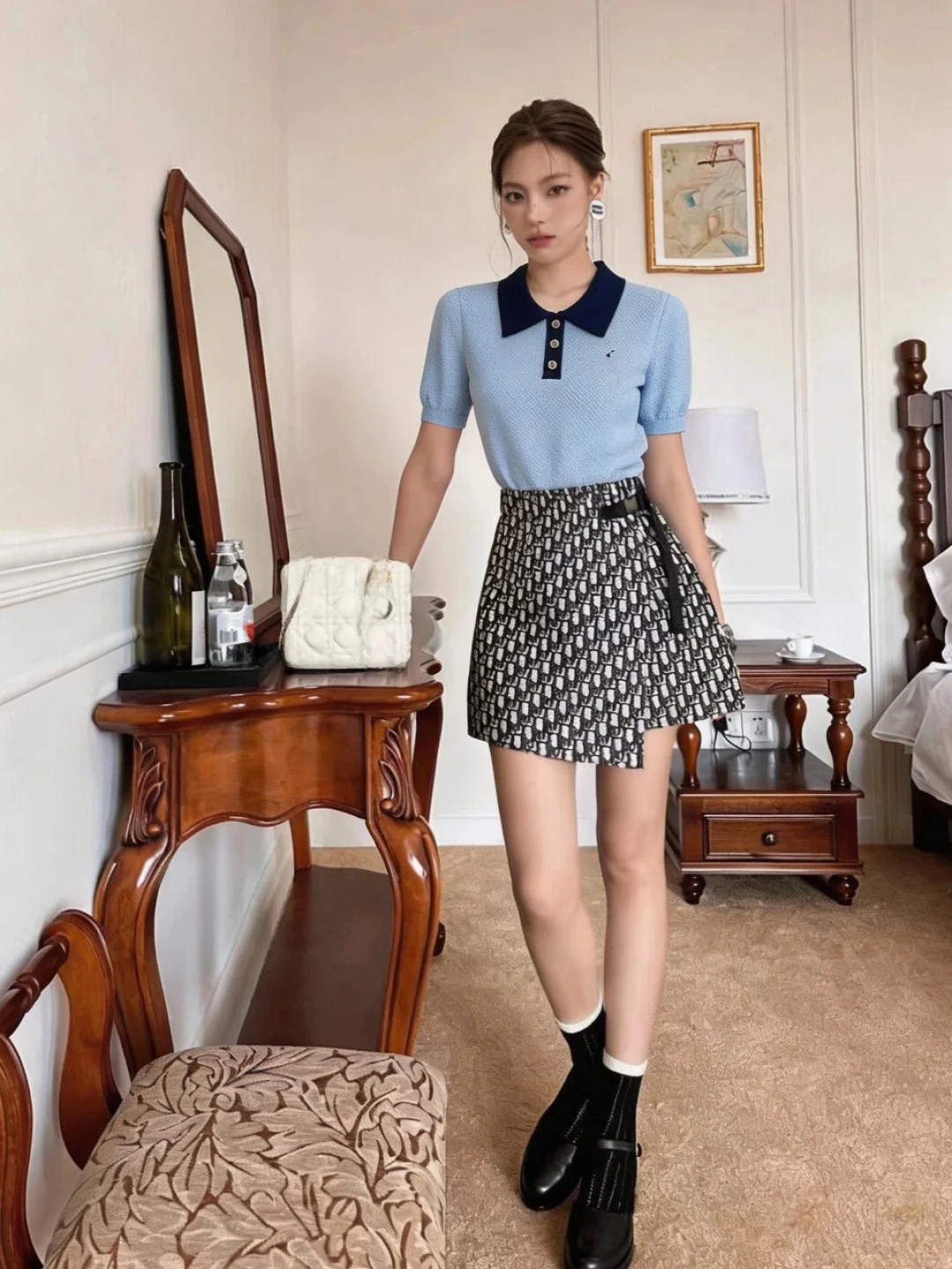 

VIBE Trendy Brand Summer Color Block Collar Short Sleeve Knitted T-Shirt Women's Design Sensation Versatile Ageless Top