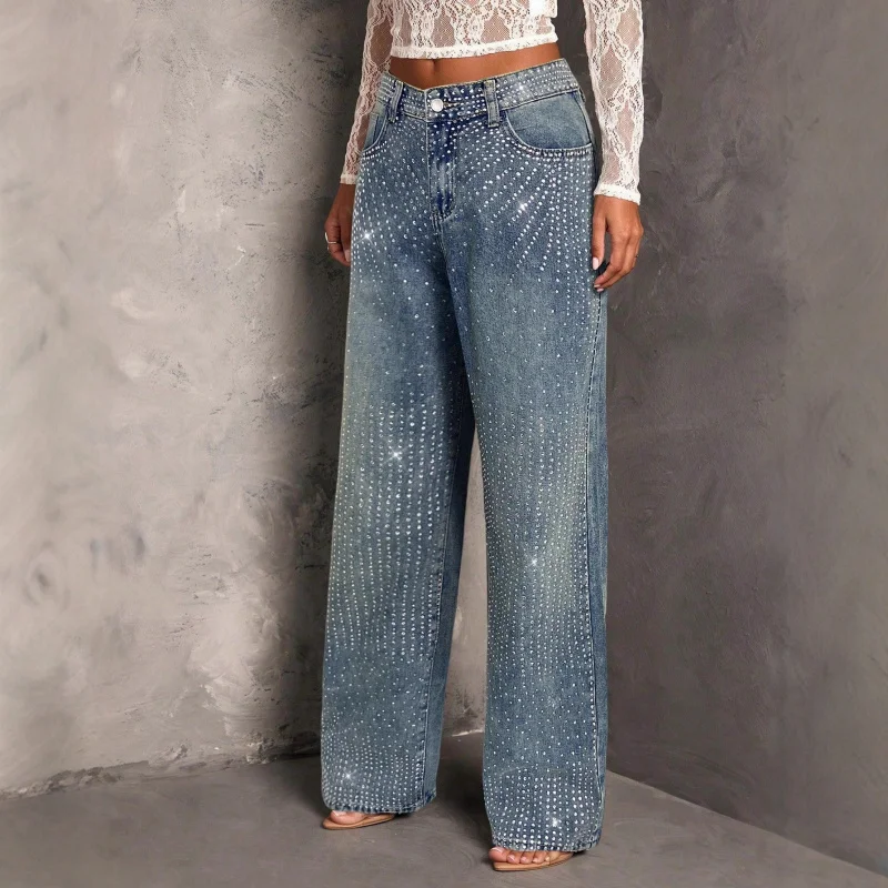 

European and American cross-border foreign trade European and American Amazon women's rhinestone-decorated straight blue jeans,